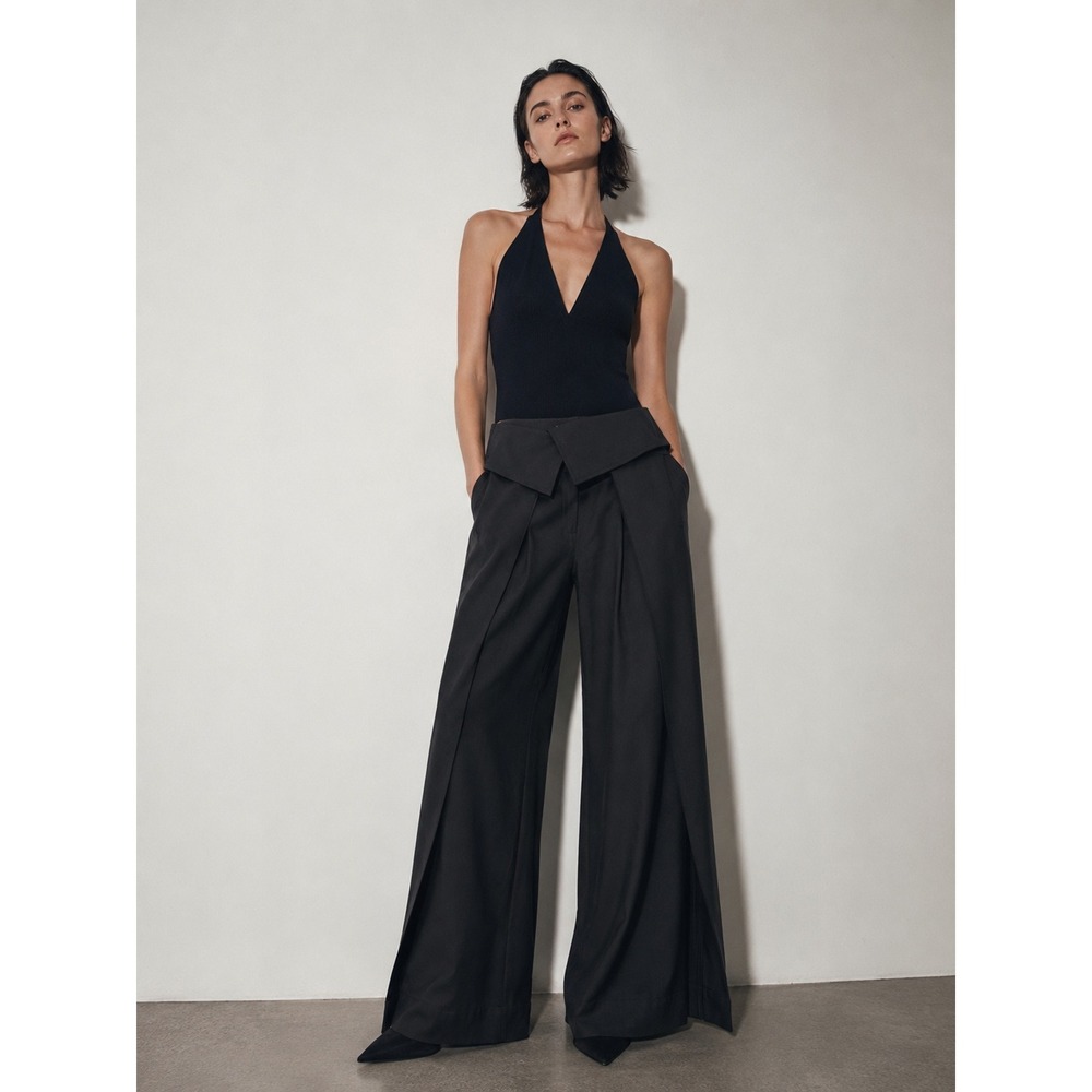 A.L.C. Emma Wide Leg Pants Womens 6 Black Fold Over Pleated Trouser Quiet Luxury